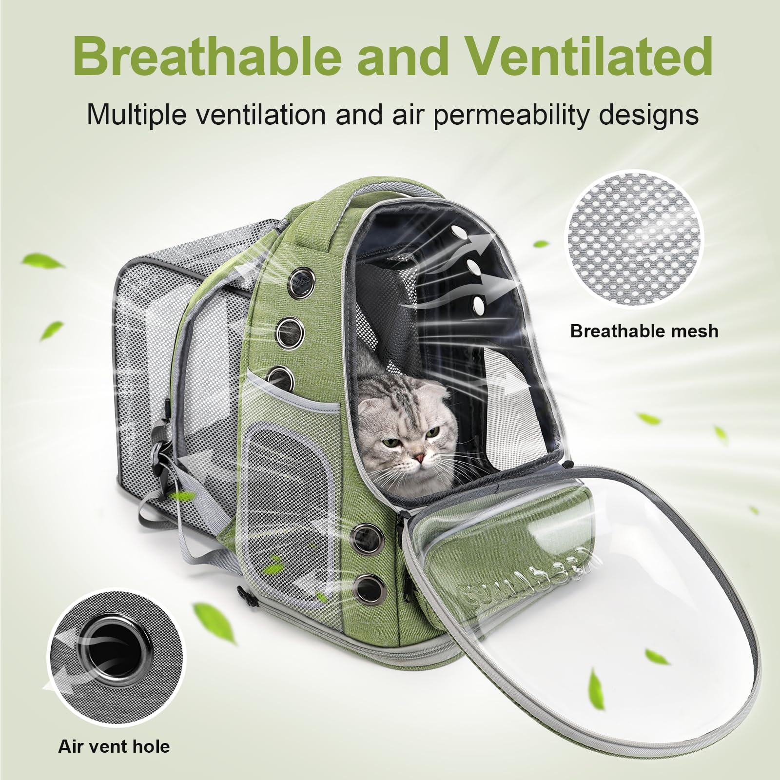 Cawypety expandable cat backpack showing expandable panel for extra room on hikes