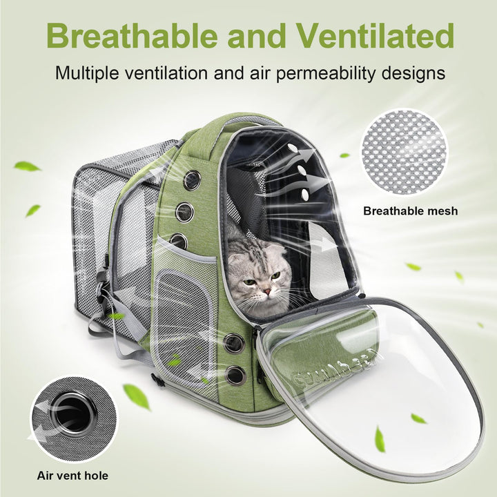 Cawypety expandable cat backpack showing expandable panel for extra room on hikes