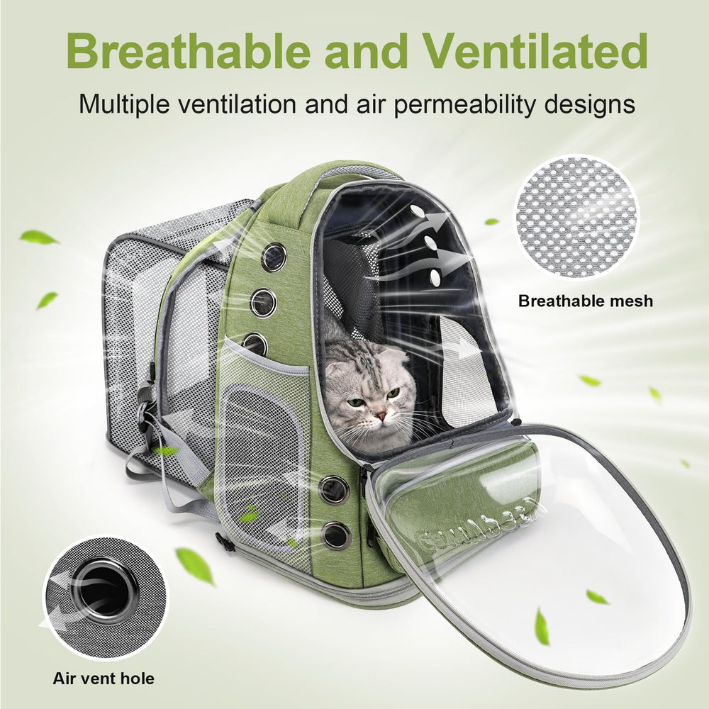 Cawypety expandable cat backpack showing expandable panel for extra room on hikes