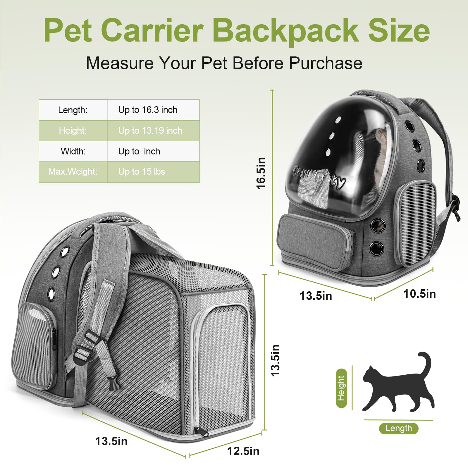 Cawypety expandable cat backpack side pockets for treats and water on the go