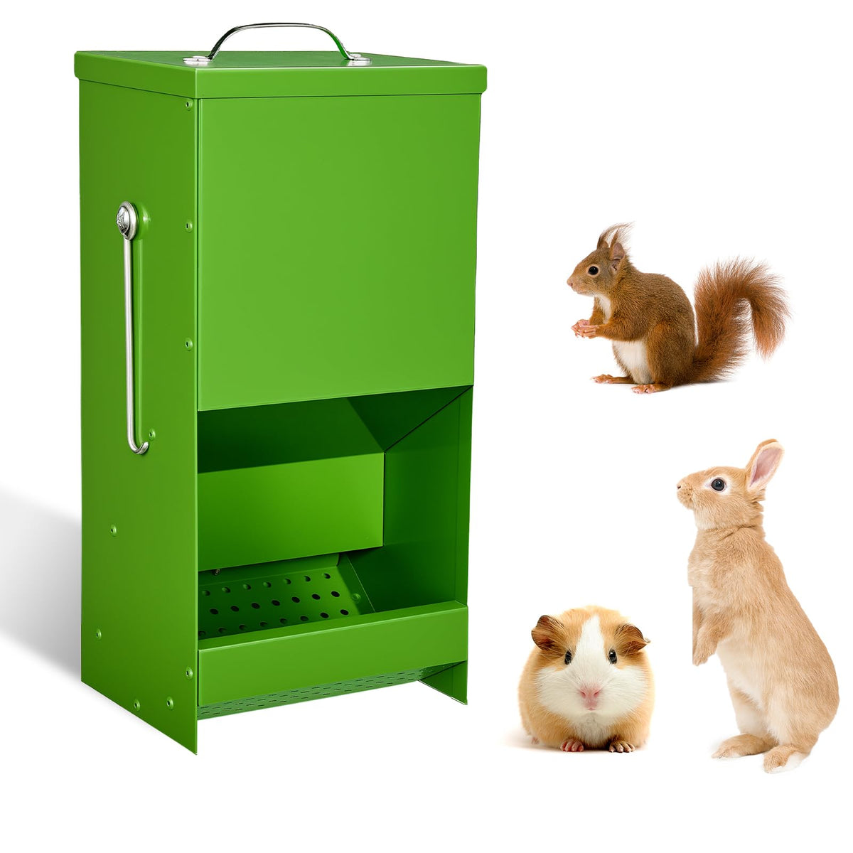 CCAENI automatic rabbit feeder with 5 lb capacity keeps feed accessible for pets.