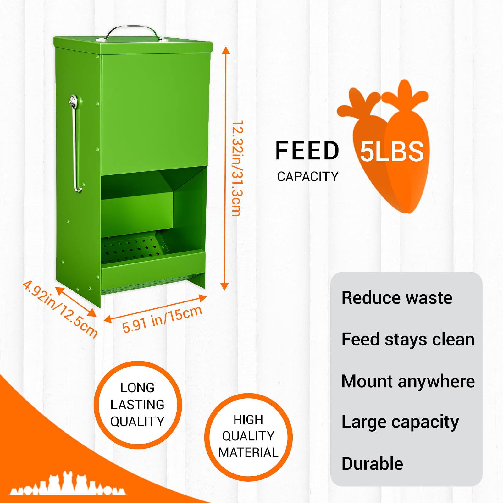 CCAENI rabbit feeder lid-on-top protects feed from moisture and debris.