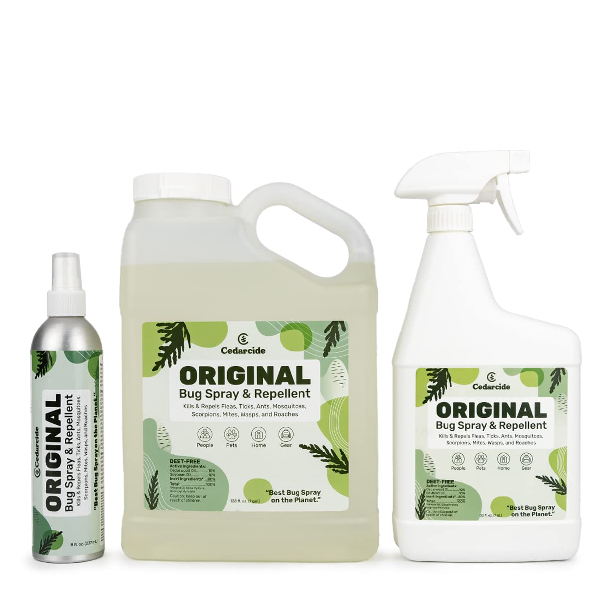 Cedarcide Original Bug Spray bottle closeup shows natural cedar oil formula for pest defense.