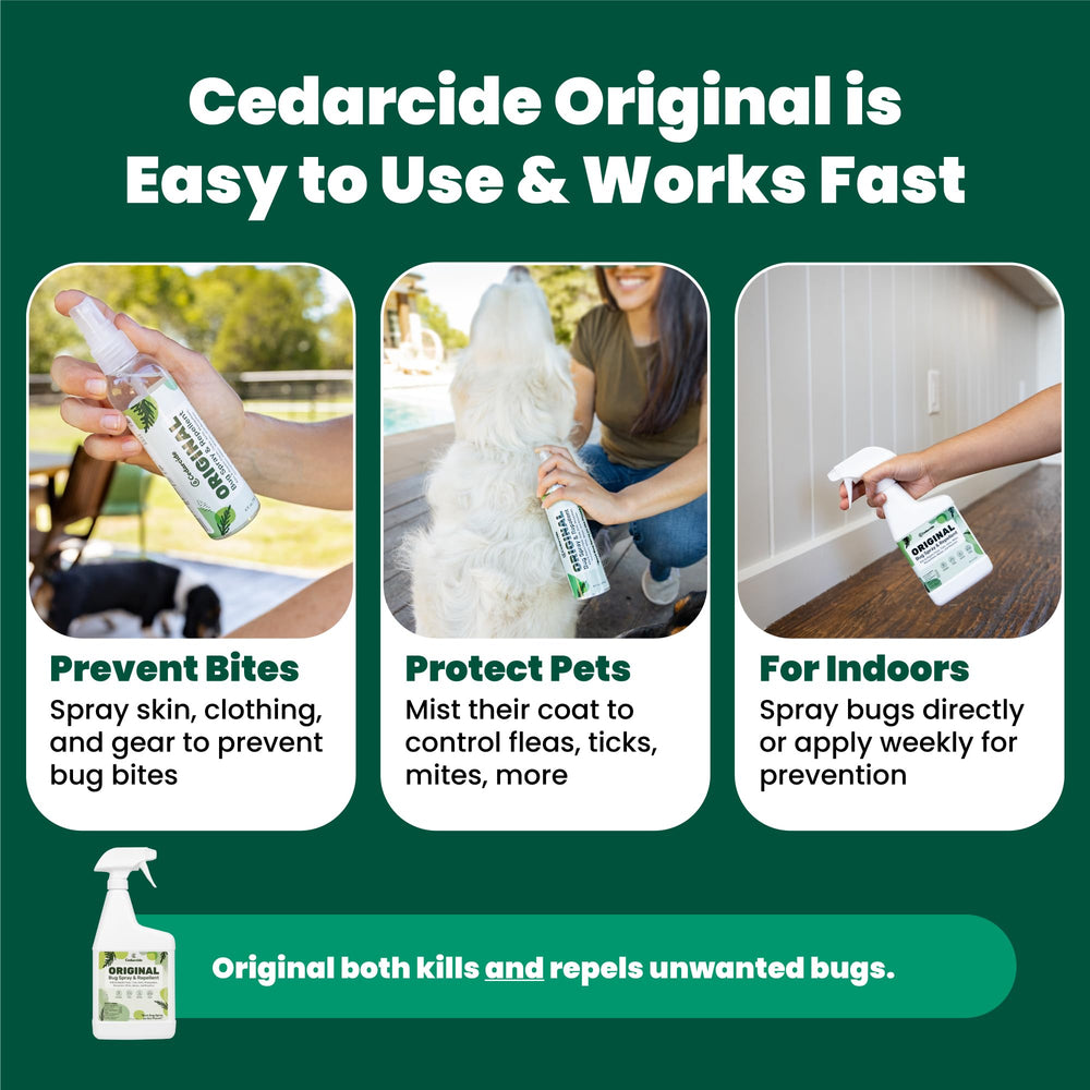 Cedarcide Original Bug Spray leaves cedar scent after use.