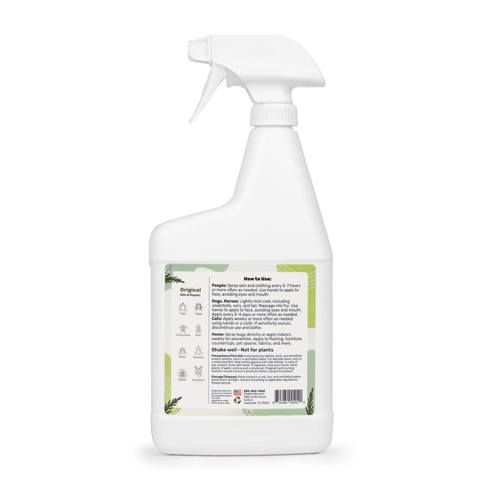Cedarcide Original Bug Spray label close-up highlighting cedar oil repelling pests.