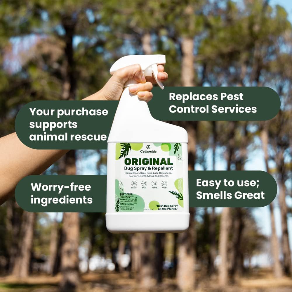 Cedarcide Original Bug Spray outdoors use shown on patio for deterrence.