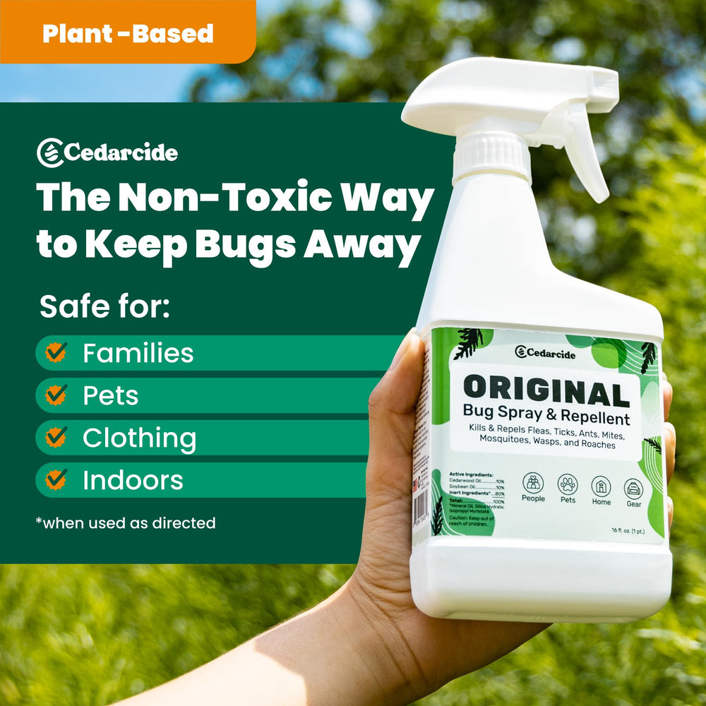 Cedarcide Original Bug Spray being applied outdoors to deter mosquitoes.