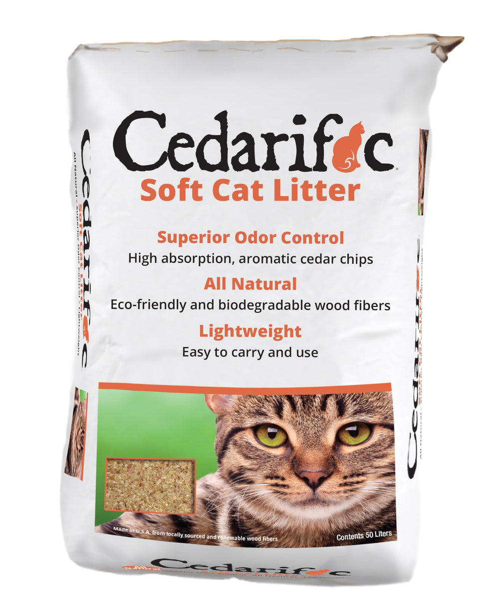 Cedarific natural cedar chips cat litter, 50L bag, chemical-free and biodegradable.