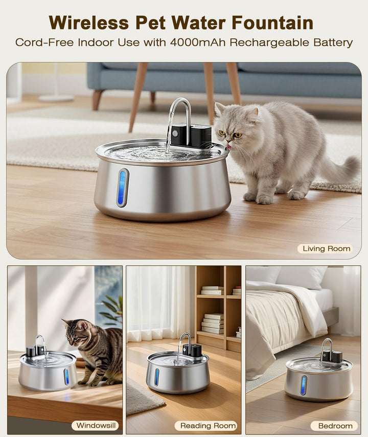 CEESC cordless cat water fountain showing the 4000mAh battery for flexible placement.