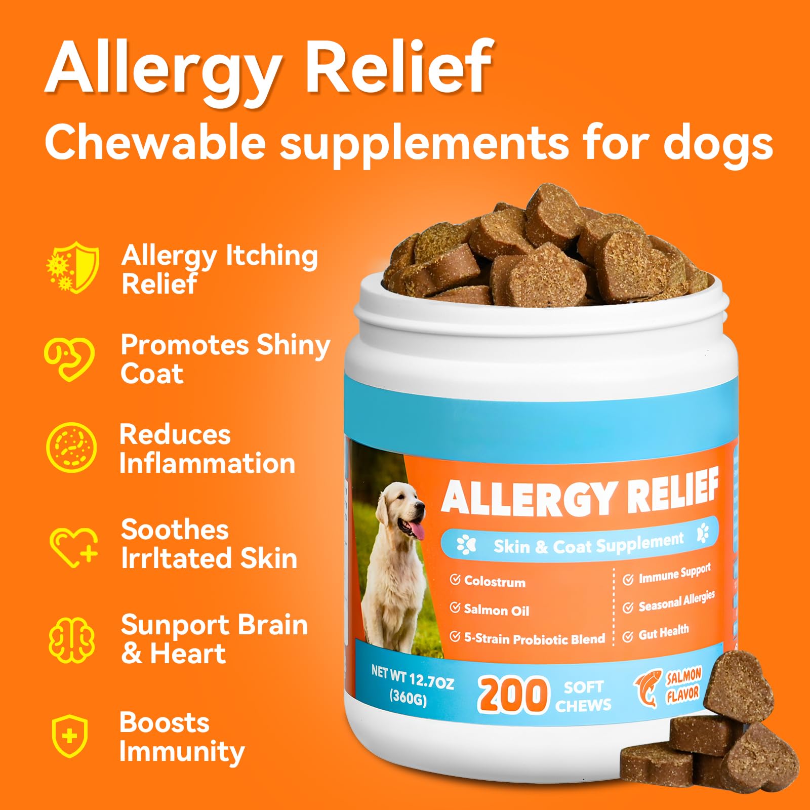 CeliAeh dog allergy chews label highlights key ingredients and benefits