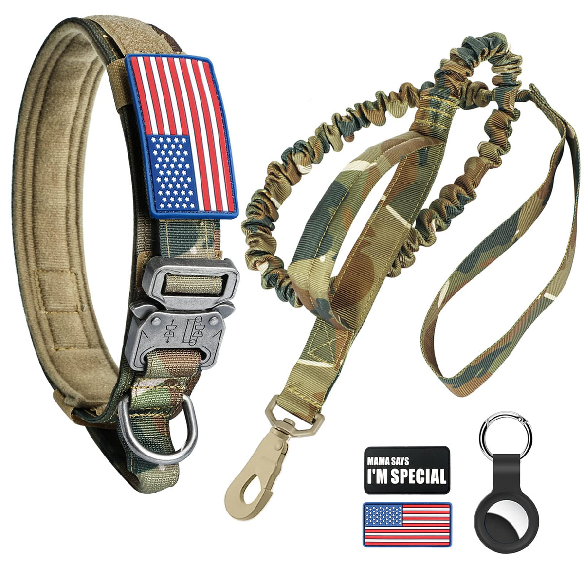 CELIFELIGHT tactical camo collar close-up showing rugged nylon and padded comfort.