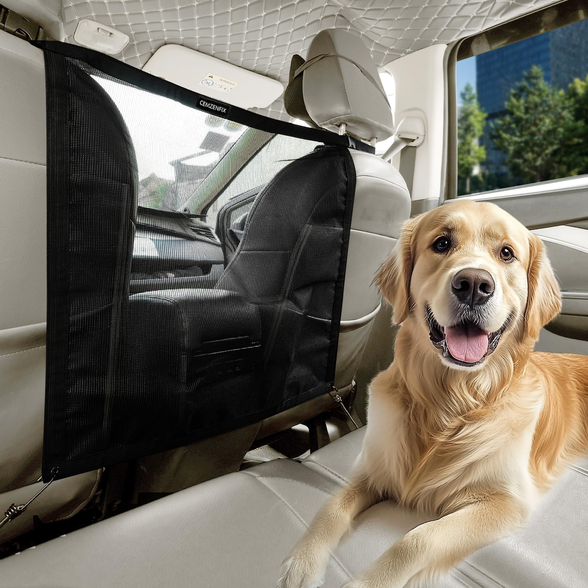 CEMZENFIX dog car barrier front view demonstrates quick-fit, secure attachment for safer drives.
