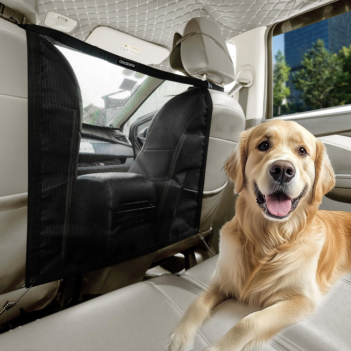 CEMZENFIX dog car barrier front view demonstrates quick-fit, secure attachment for safer drives.