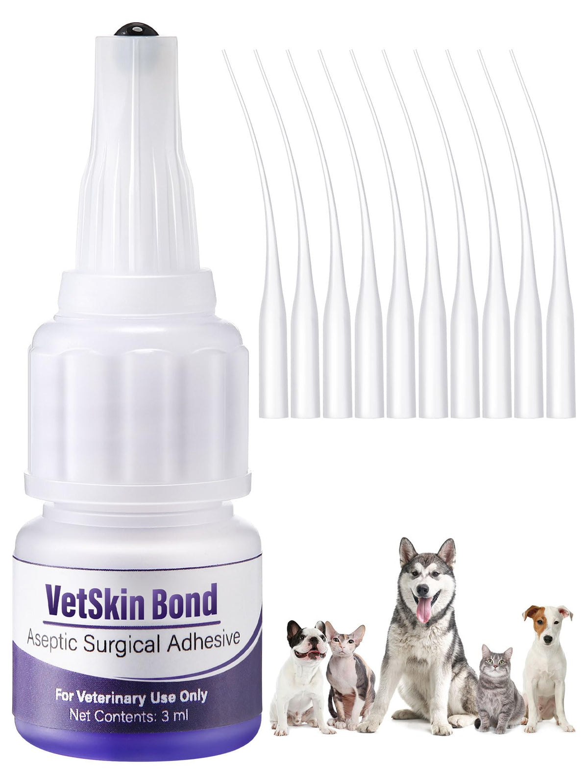 Ceoighe Vet Skin Glue bottle with applicators for convenient pet wound closure.