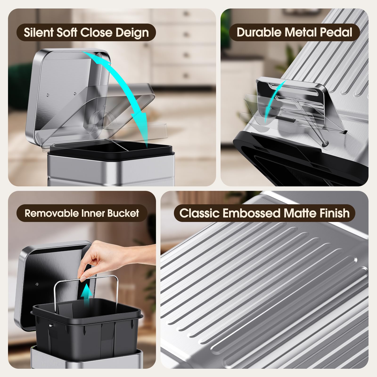 CEROELDA stainless steel trash can features removable inner bucket for easy dumping.
