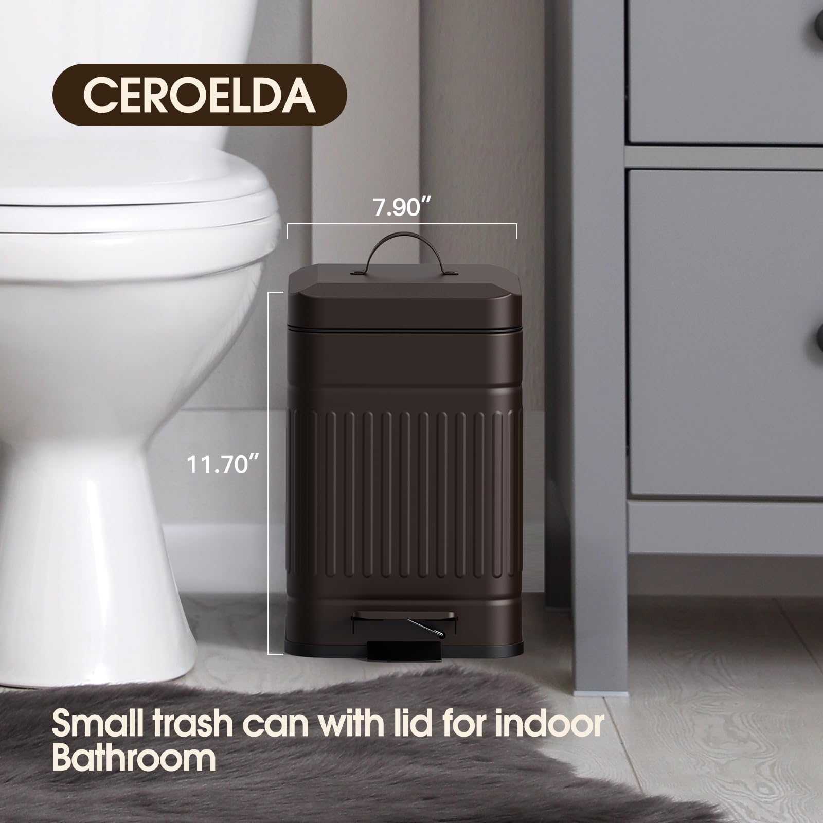 CEROELDA trash can with step pedal, front view for hands-free disposal