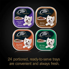 Cesar Classic Loaf in Sauce Oven Roasted Chicken tray highlighting convenient easy-peel packaging.