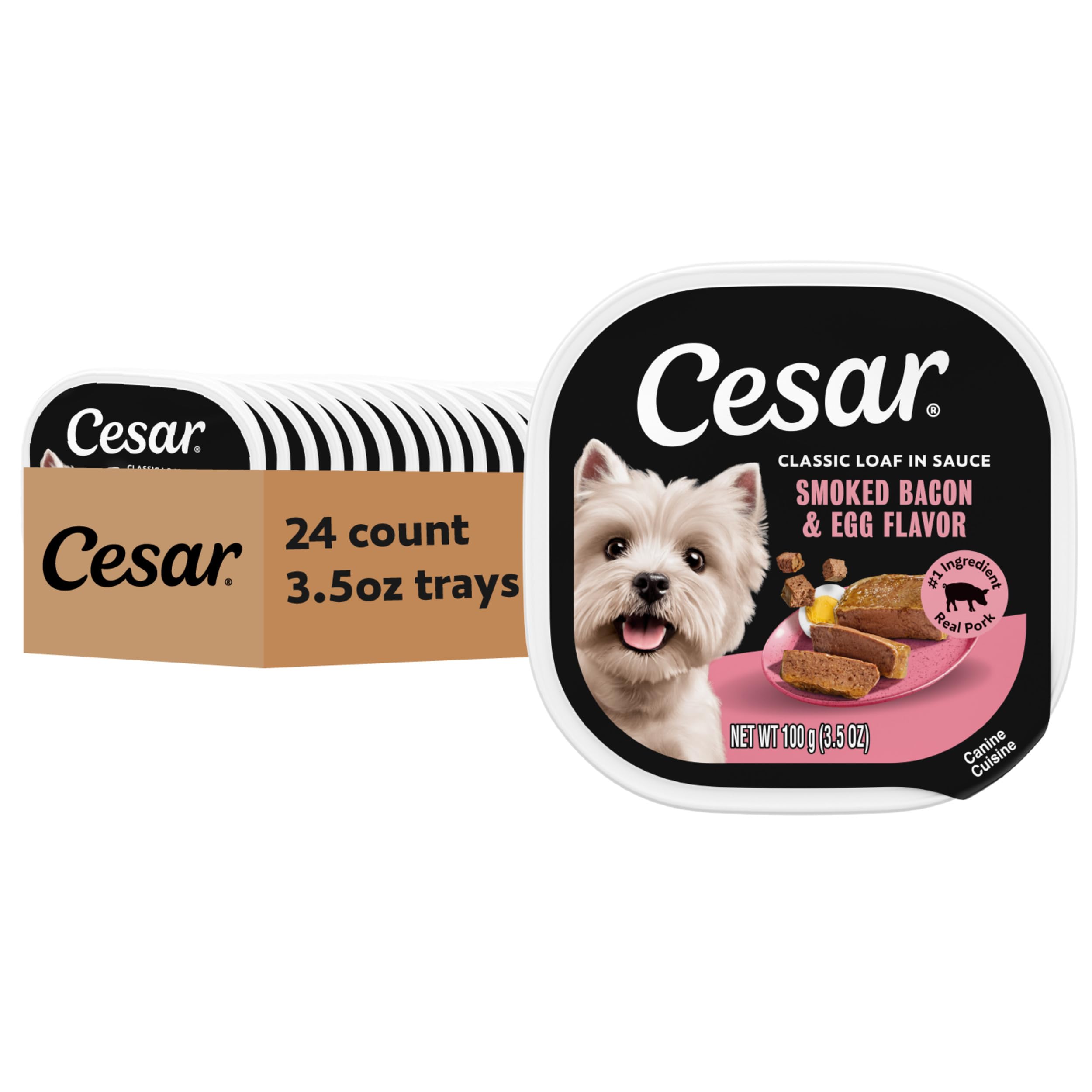 Cesar Classic Loaf in Sauce Bacon & Egg tray pack showing convenient portioning for adults