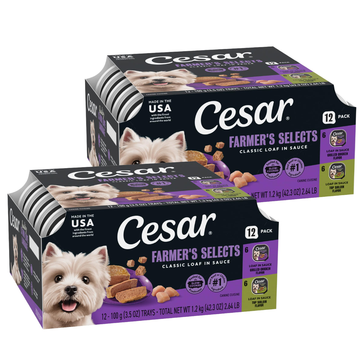 Cesar Classic Loaf in Sauce chicken flavor tray, protein-packed meal for dogs