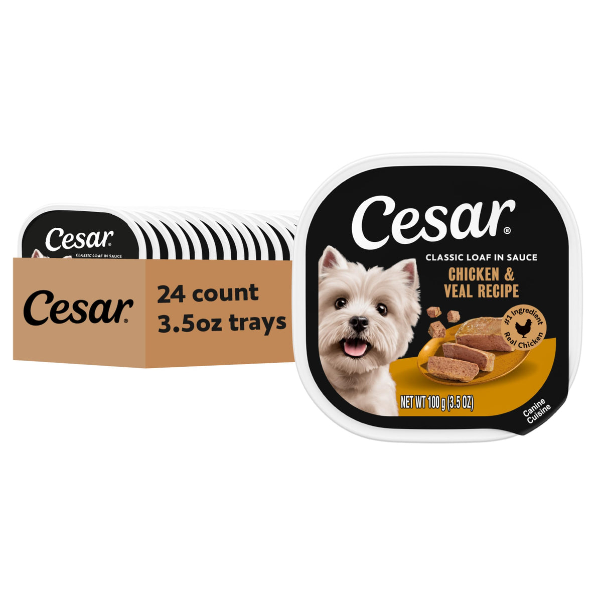 CESAR Classic Loaf in Sauce chicken-veal tray-front shows convenient single-serve packaging for dogs.