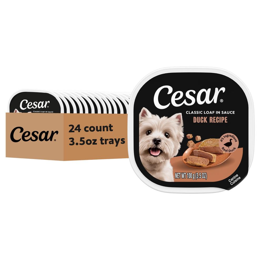 Cesar Classic Loaf in Sauce Duck tray with real duck chunks for an appealing adult dog meal.