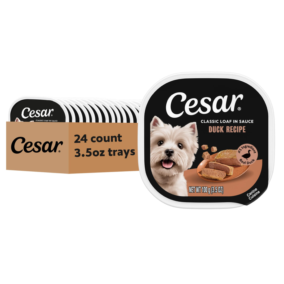 Cesar Classic Loaf in Sauce Duck tray with real duck chunks for an appealing adult dog meal.