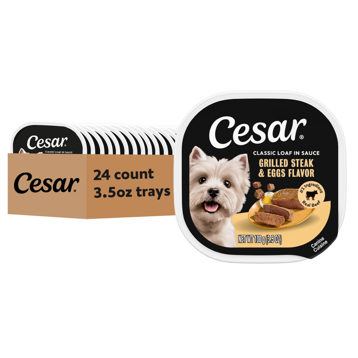 Cesar Classic Loaf in Sauce Grilled Steak & Eggs tray showing a juicy, protein-packed meal for dogs