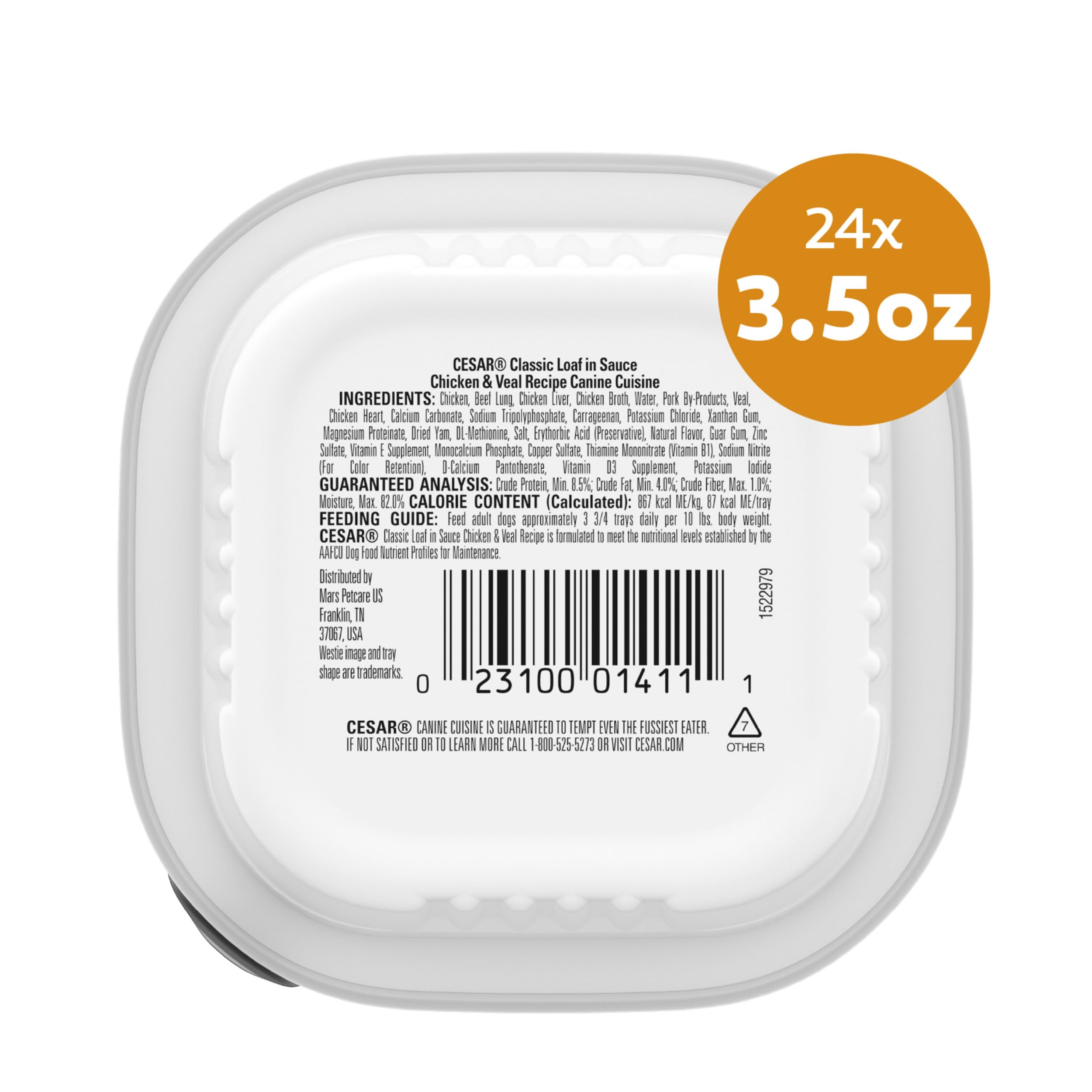CESAR Classic Loaf in Sauce open tray with peel tab visible.