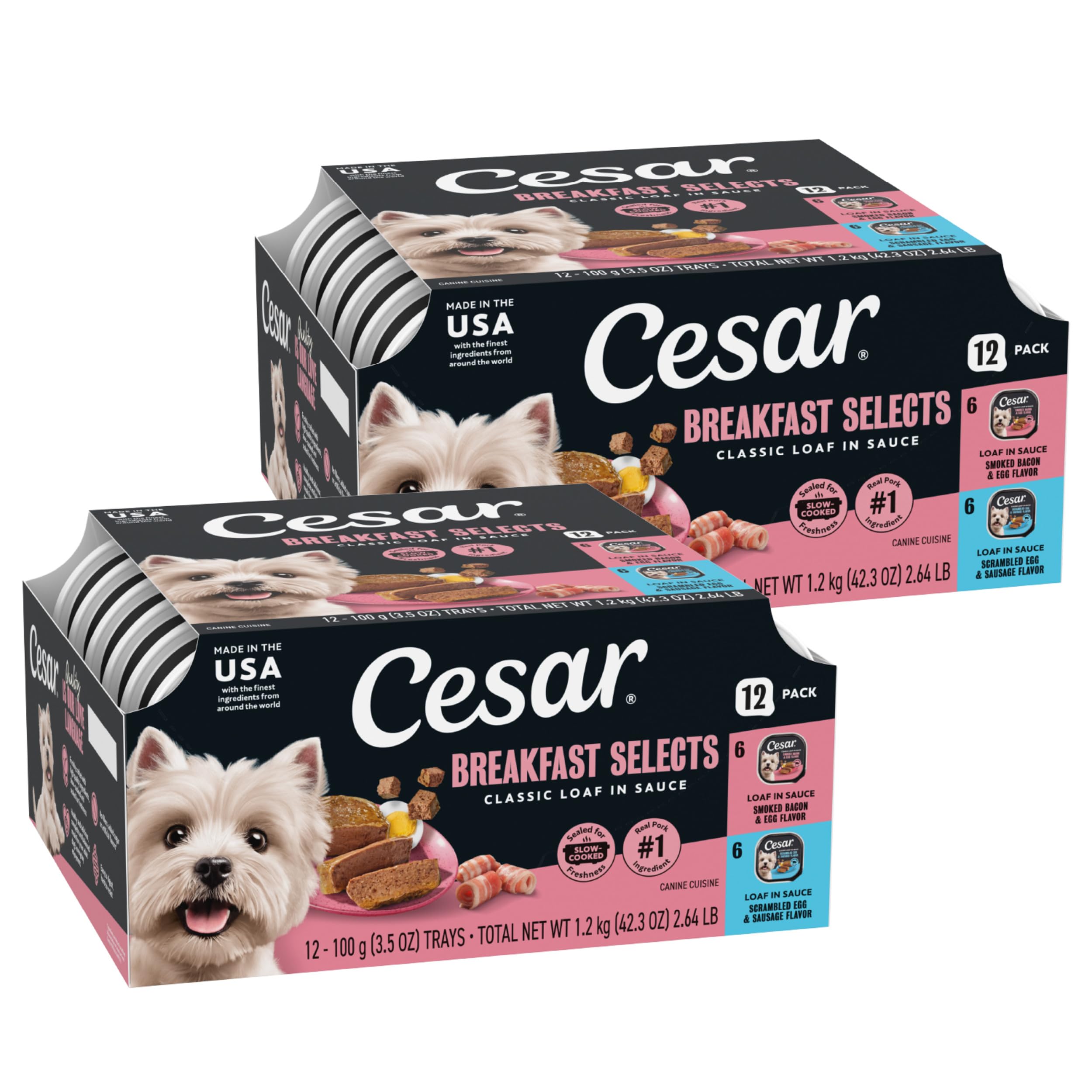 Cesar Classic Loaf in Sauce smoked bacon and egg tray showing protein-packed wet dog food