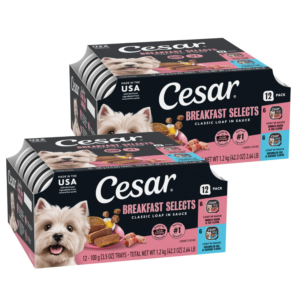 Cesar Classic Loaf in Sauce smoked bacon and egg tray showing protein-packed wet dog food