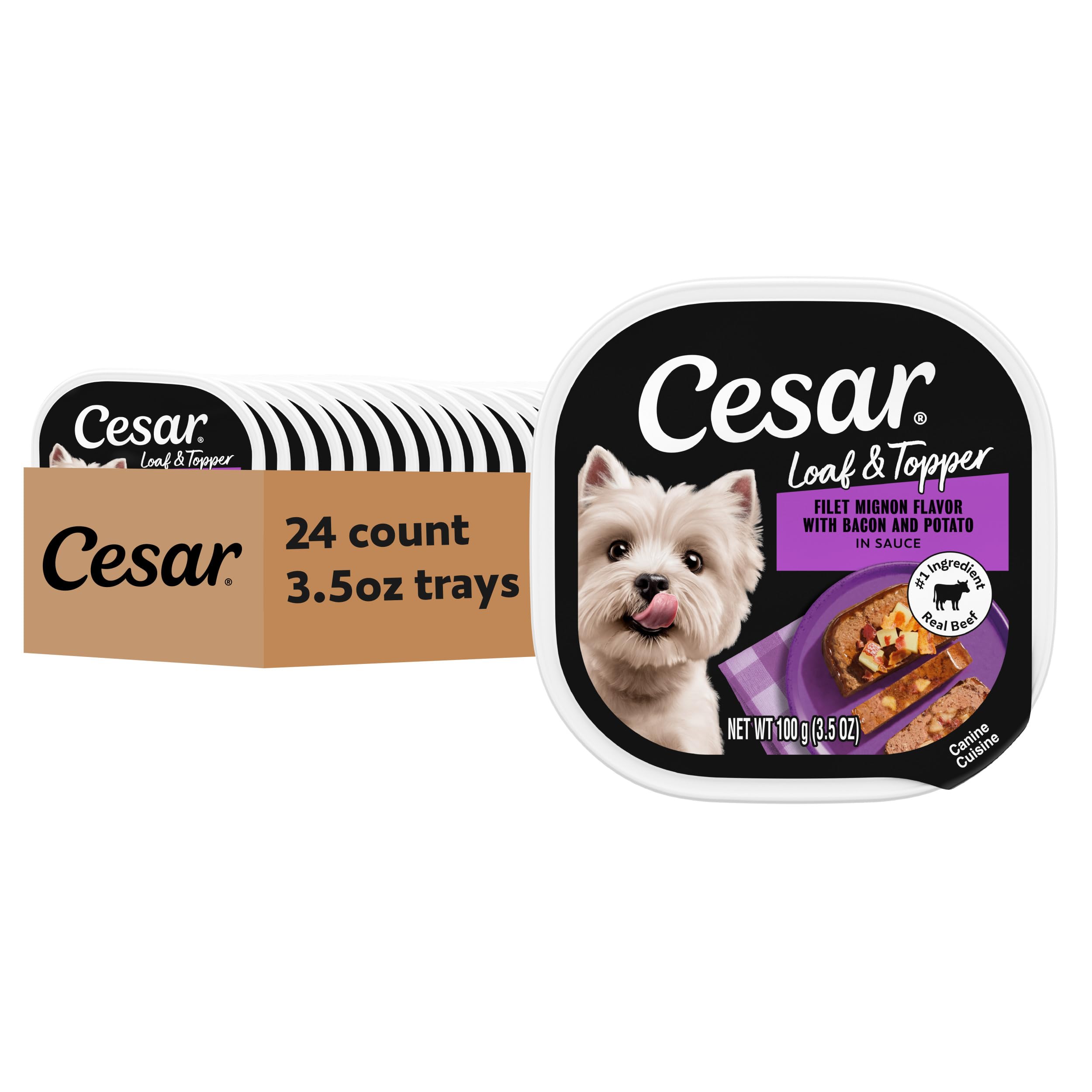 Cesar Filet Mignon Loaf & Topper tray close-up showing tender beef with bacon, ideal kibble topper.