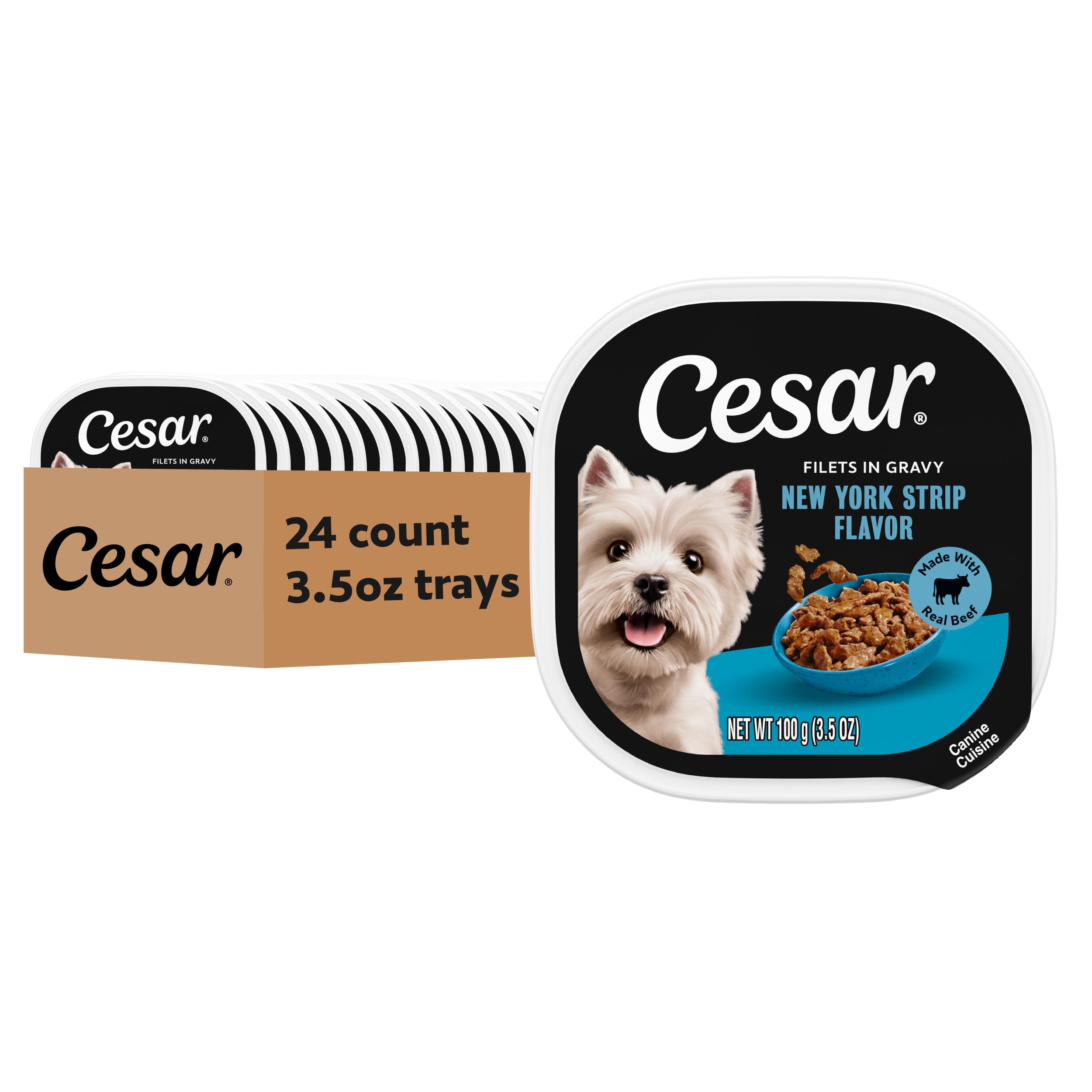 Cesar Filets in Gravy New York Strip tray for adult dogs, savory meal option