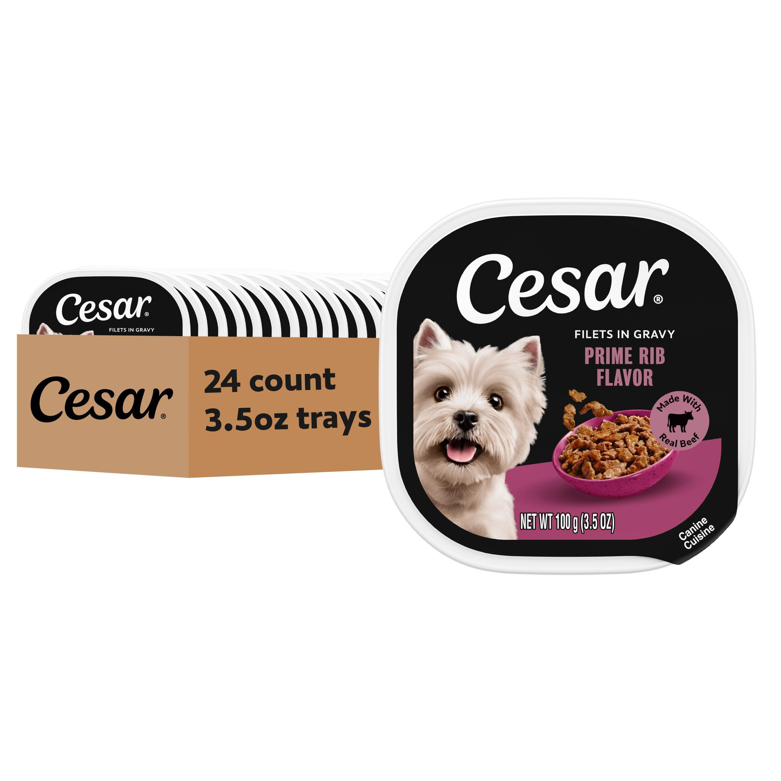 Cesar Filets in Gravy Prime Rib tray open showing tender beef for adult dogs.