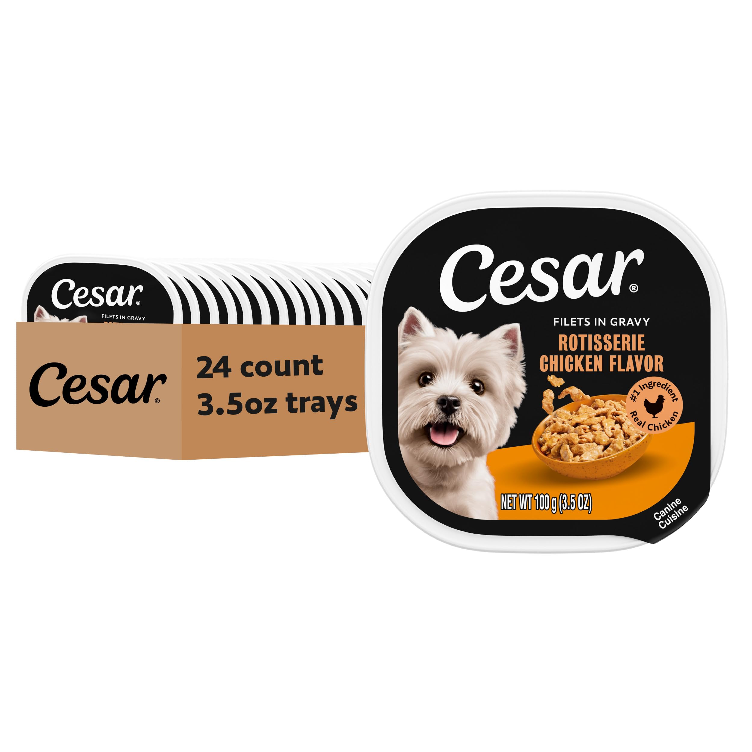 Cesar Filets in Gravy Rotisserie Chicken tray with easy-peel seal for quick serving.