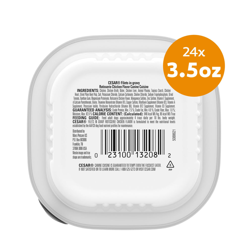 Includes a 24-count pack of Cesar Filets in Gravy trays.