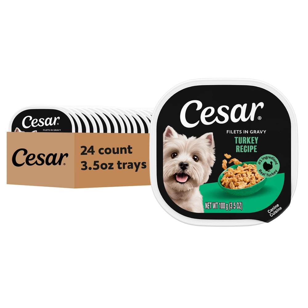 Cesar Filets in Gravy turkey tray closeup showing tender chunks for mealtime