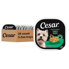 Cesar Filets in Gravy turkey tray closeup showing tender chunks for mealtime
