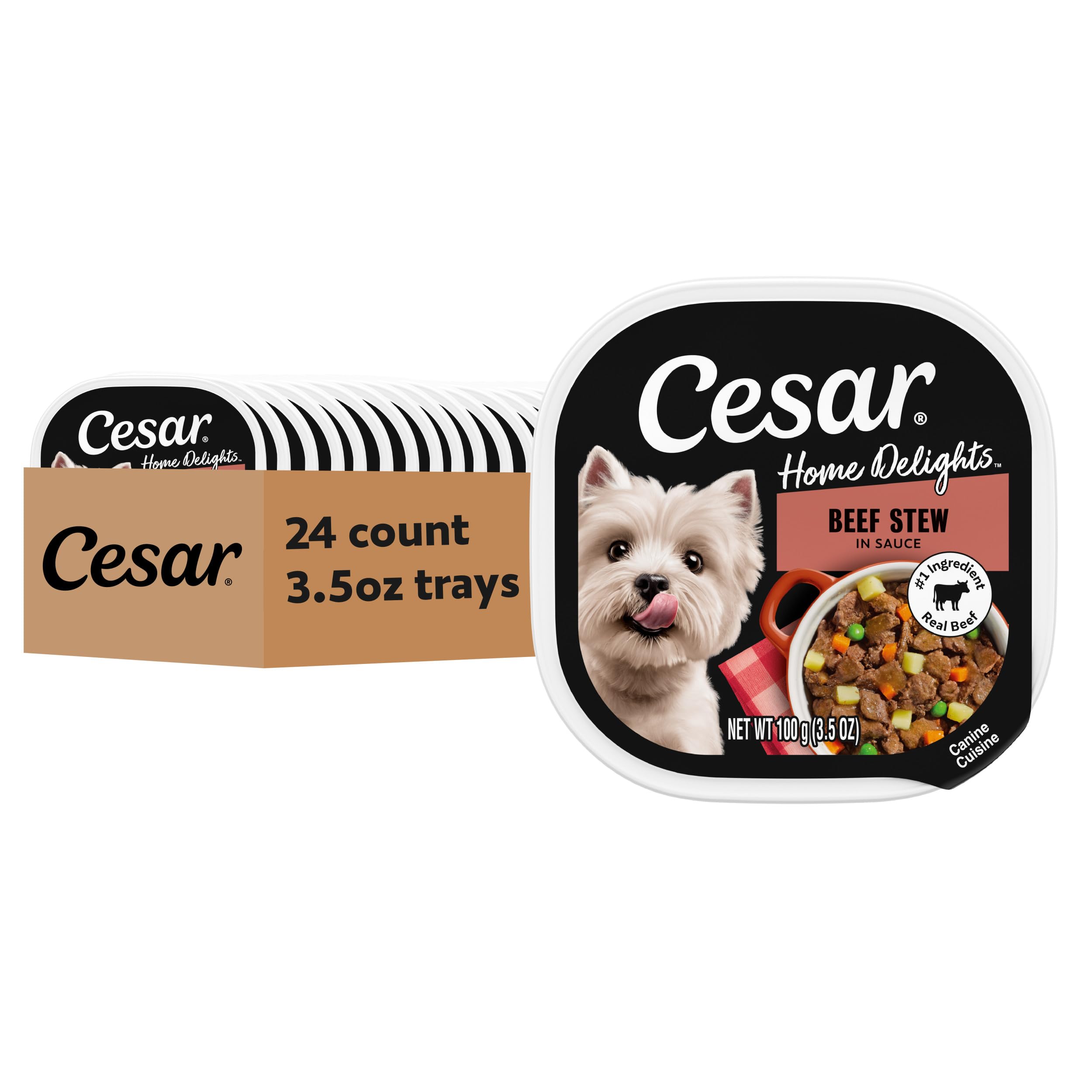 Cesar Home Delights Beef Stew tray unopened, premium dinner option for adult dogs.