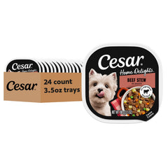Cesar Home Delights Beef Stew tray unopened, premium dinner option for adult dogs.