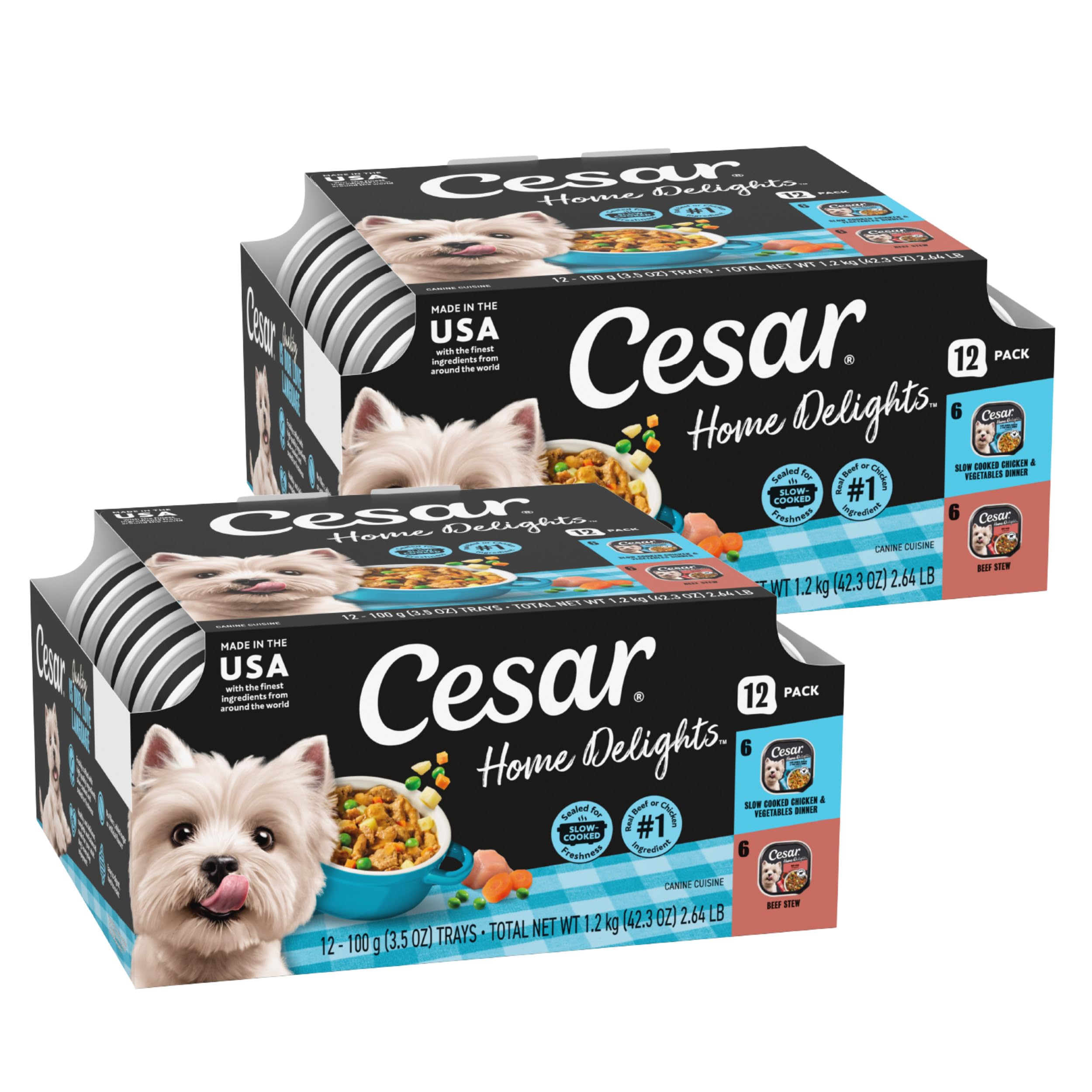 Cesar Home Delights chicken-vegetables dinner in sauce delivers real meat first flavor.