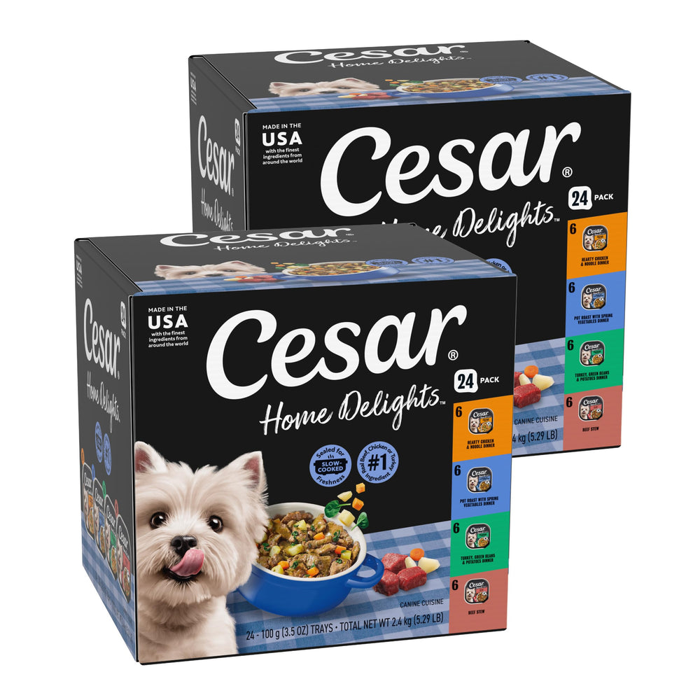 Cesar Home Delights Pot Roast with Spring Vegetables dinner in sauce tray showing protein-forward recipe