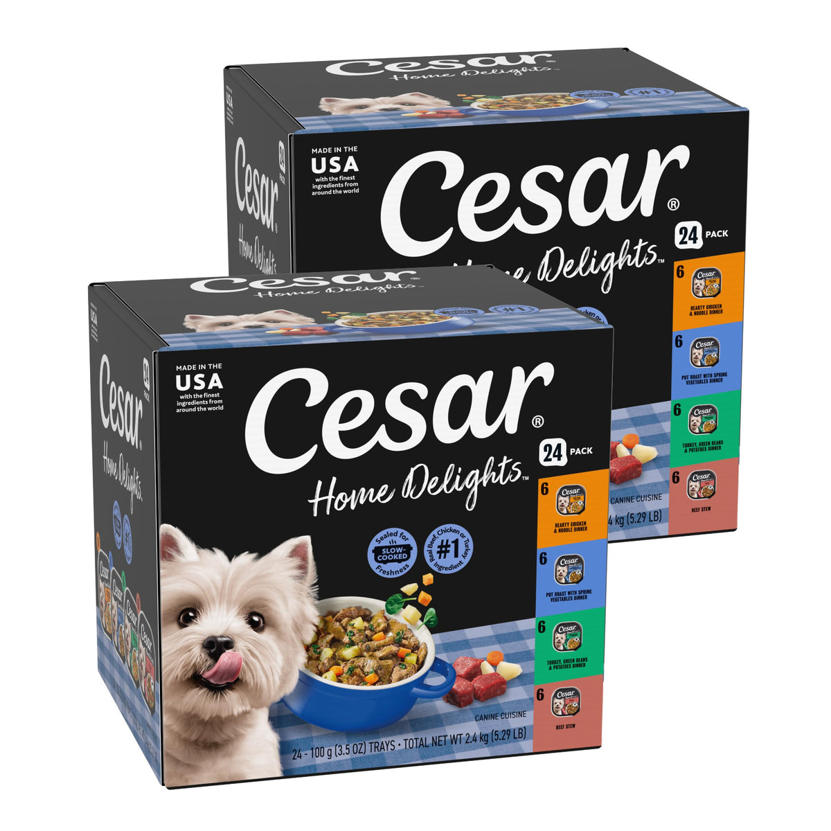 Cesar Home Delights Pot Roast with Spring Vegetables dinner in sauce tray showing protein-forward recipe