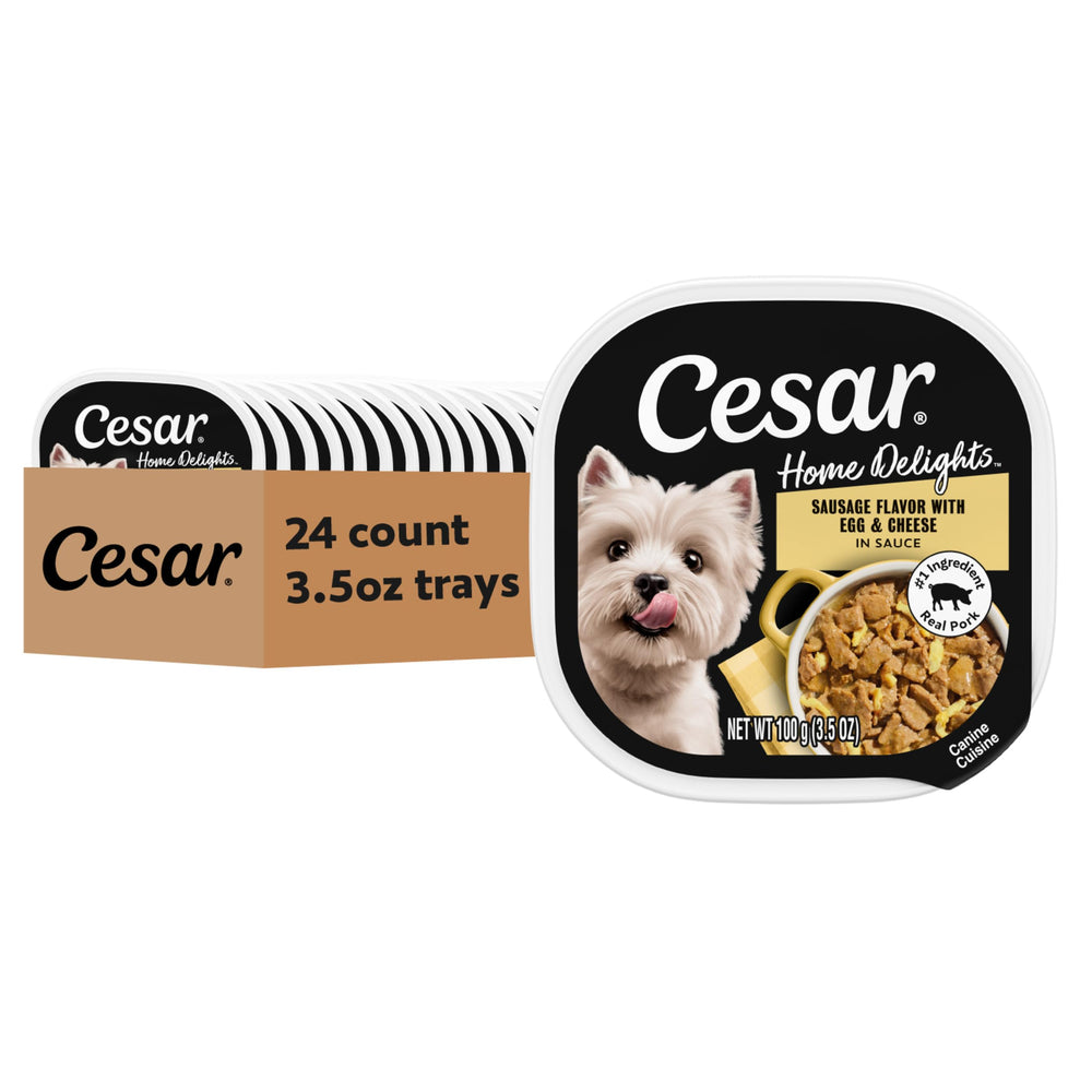 Cesar Home Delights sausage flavor tray close-up showing protein rich meal for adult dogs