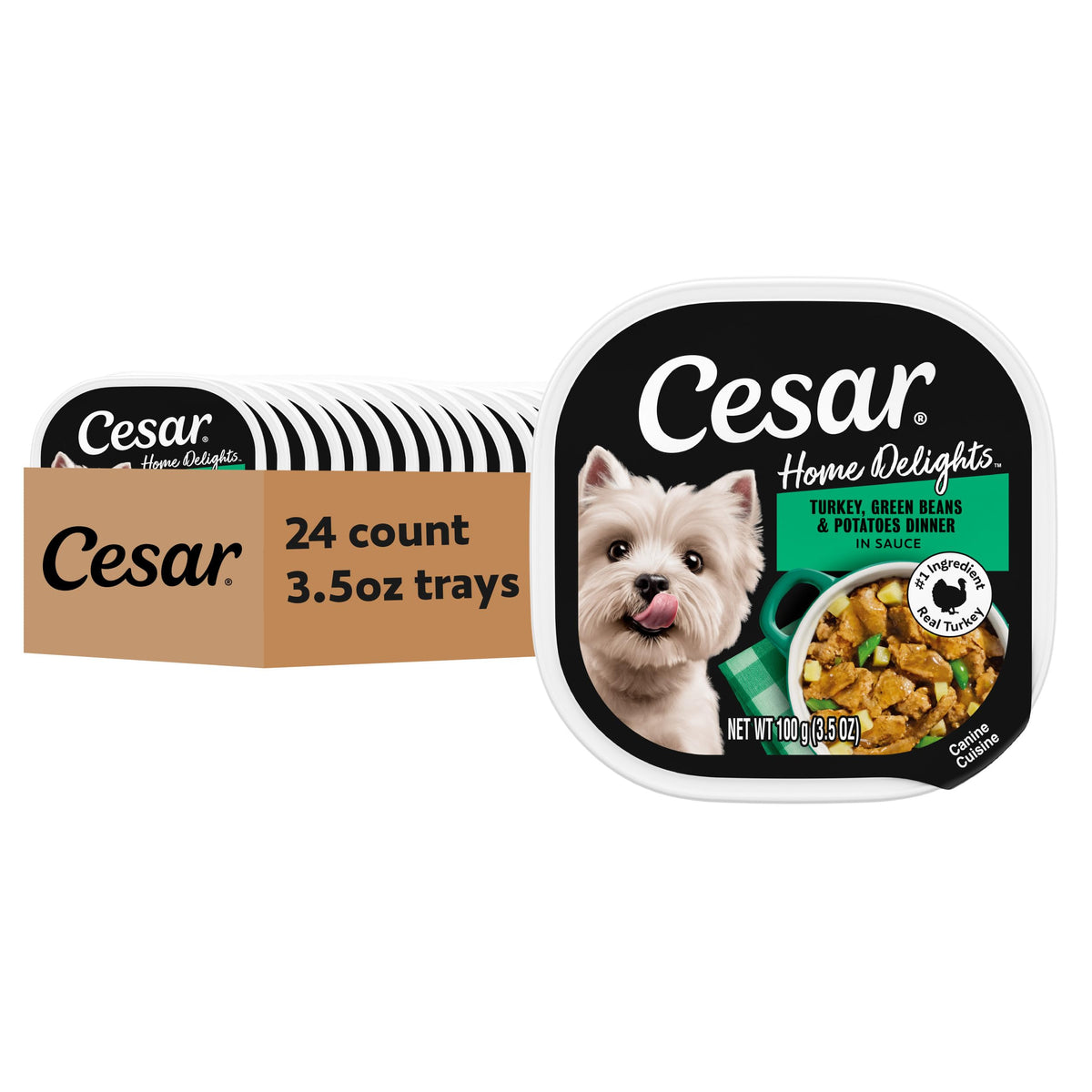 Cesar Home Delights turkey dinner in sauce tray close-up, a protein-packed option for adult dogs.