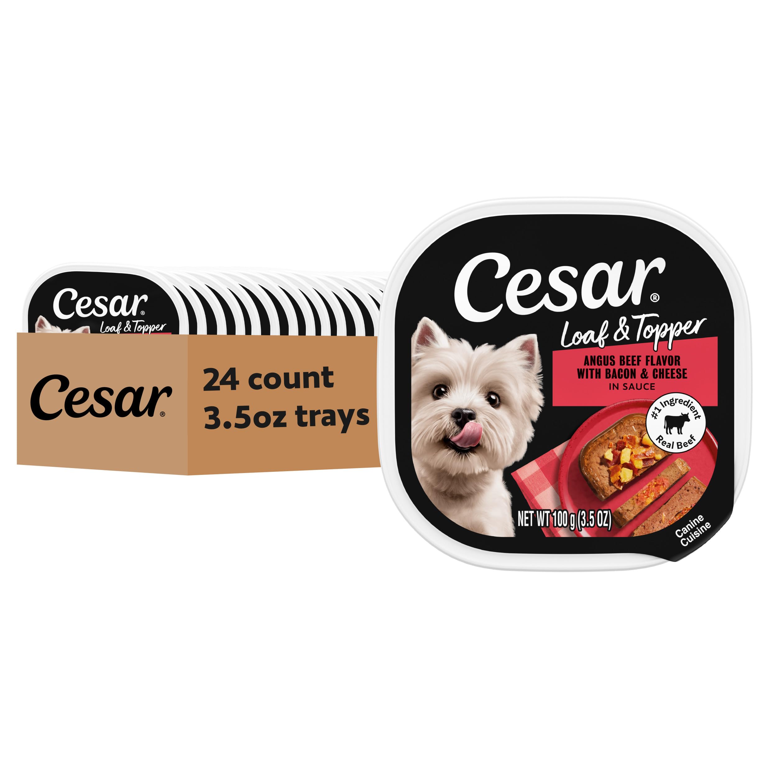 Cesar Loaf & Topper in Sauce Angus beef with bacon and cheese tray highlights protein-rich meal.