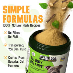 Better Dog Allergy Balance ingredients list shows natural herbs for skin support