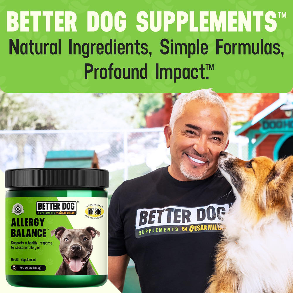 Cesar Millan Better Dog Allergy Balance label-detail highlights 4oz size