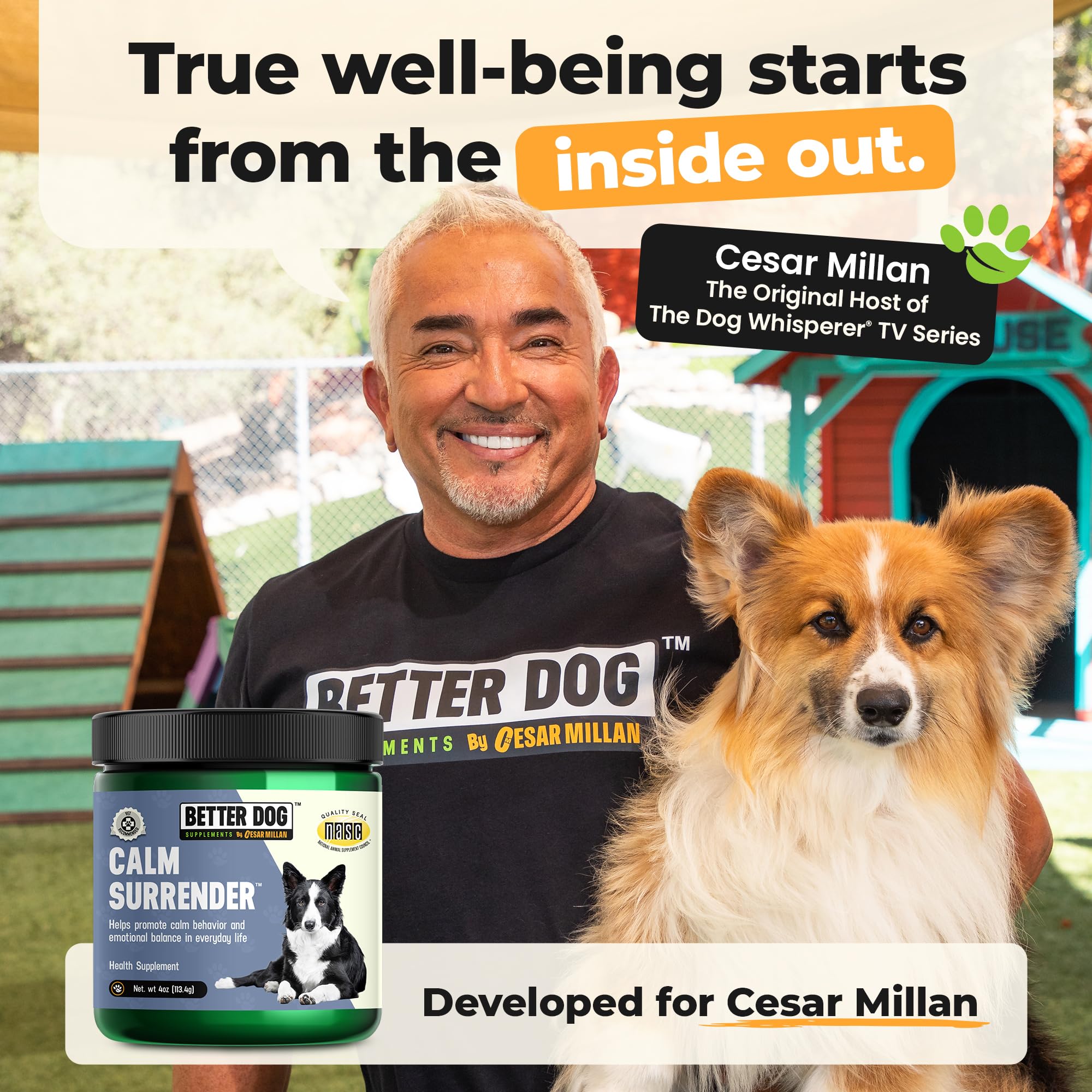 Calm Surrender chamomile bottle by Cesar Millan highlights herbal mood balance.