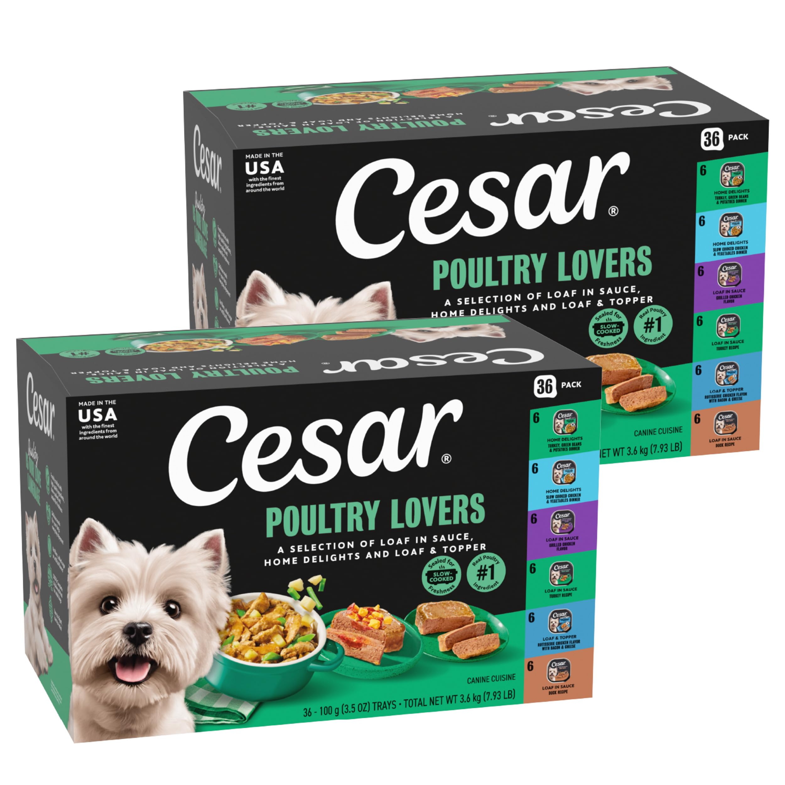 Cesar Poultry Lovers Variety Pack packaging showing 36 easy-peel trays for convenient feeding