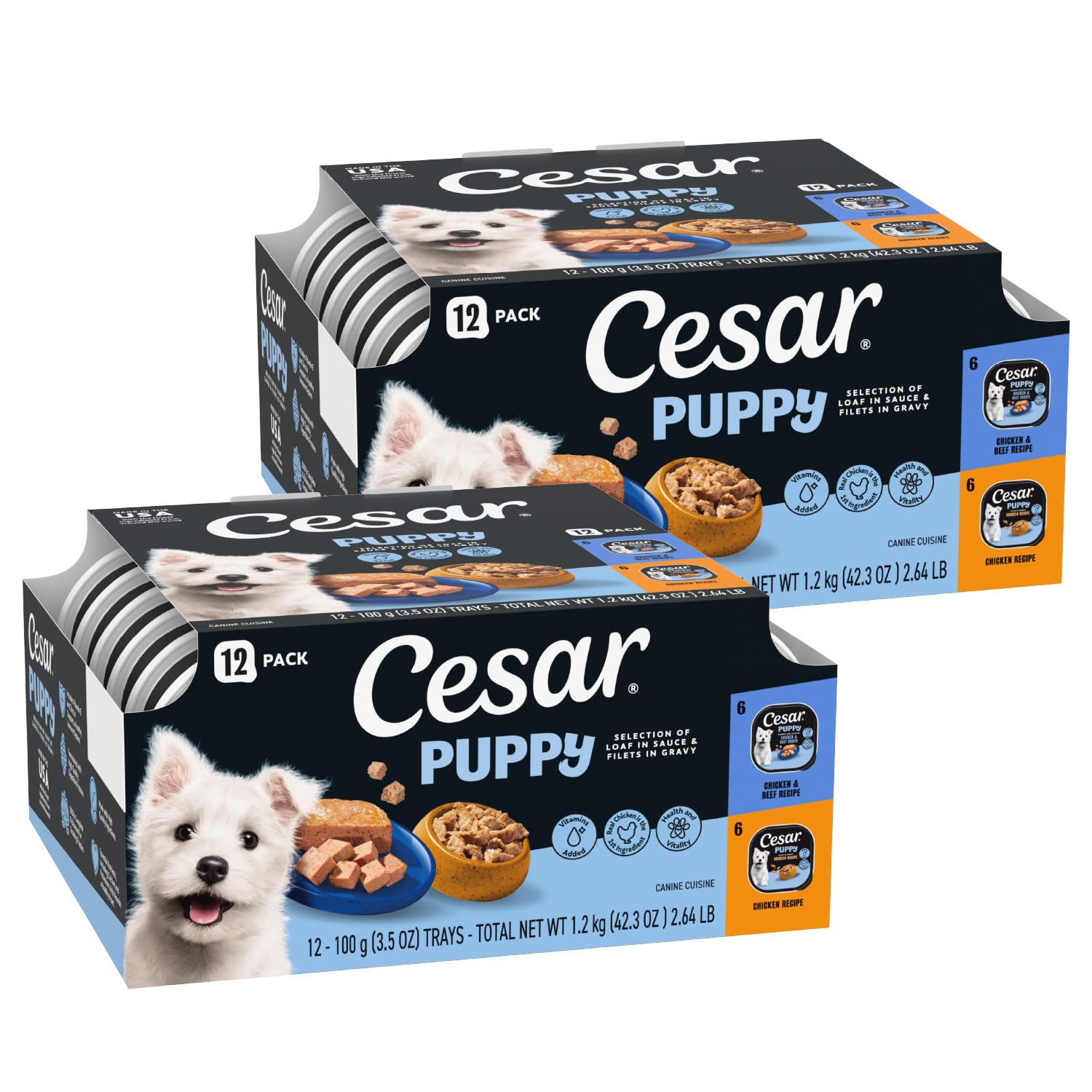 Cesar Puppy Classic Loaf in Sauce image shows a juicy, chicken-based loaf for puppies.